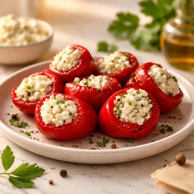 Pickled pepperoni stuffed with cottage cheese