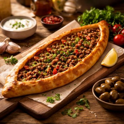 Pide with meat and vegetables