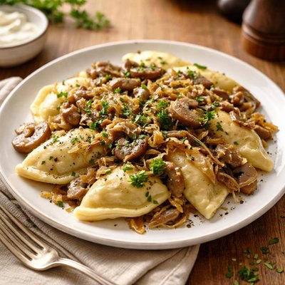 Pierogi with cabbage and mushroom sauce