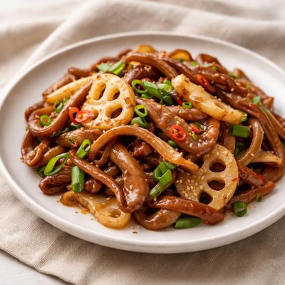 Pig ear with lotus root stir fried