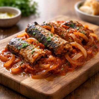 Pilchards in tomato sauce with onions