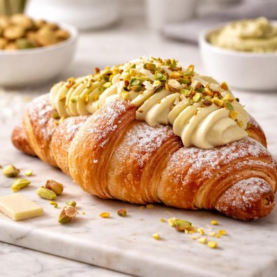 cornetto alla crema di cioccolato bianco e pistacchio