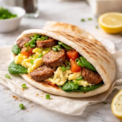 Pita sandwich with egg and sausage