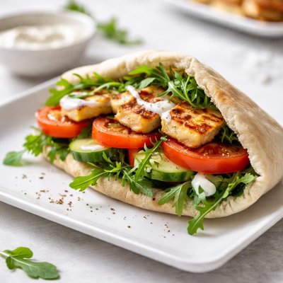 Pita with haloumi and tomato