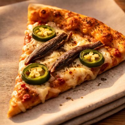 Pizza slice with anchovies and jalapenos