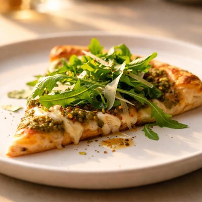 Pizza slice with arugula and pesto