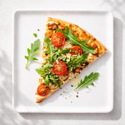 Pizza slice with arugula and tomatoes