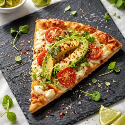 Pizza slice with avocado and tomato