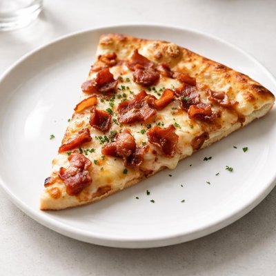 Pizza slice with bacon and cheese