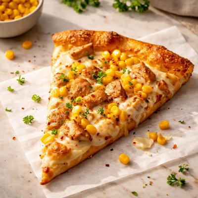 披萨片配鸡肉和玉米