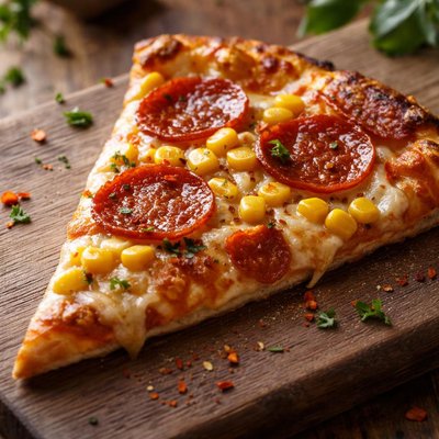Pizza slice with corn and pepperoni