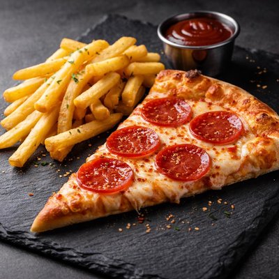 Fetta di pizza con patatine fritte