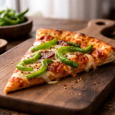 Pizza slice with green peppers