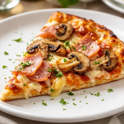 Pizza slice with ham and mushrooms
