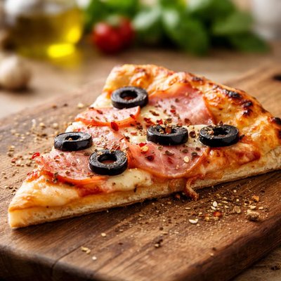 Pizza slice with ham and olives