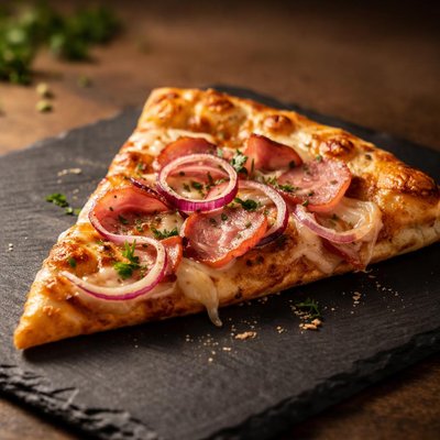 Pizza slice with ham and onions