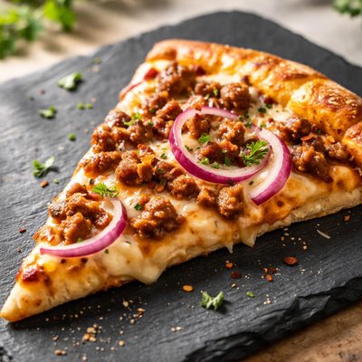 Pizza slice with meat and onions