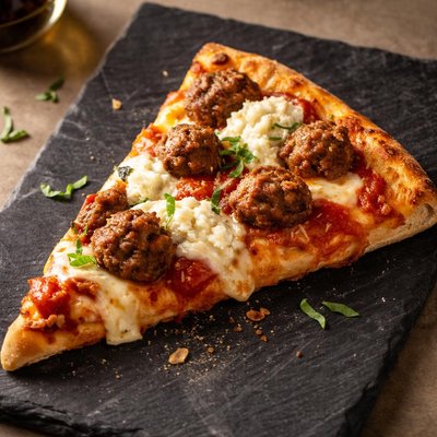 Pizza slice with meatballs and ricotta cheese