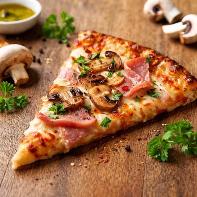 Pizza slice with mushrooms and ham