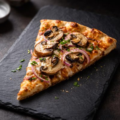 Pizza slice with mushrooms and onions