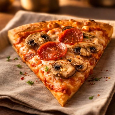 Pizza slice with mushrooms and pepperoni