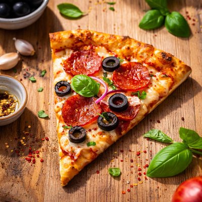Pizza slice with pepperoni and olives
