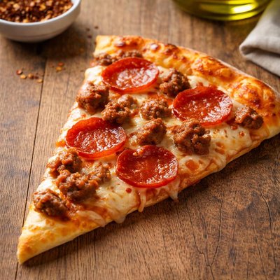 Pizza slice with pepperoni and sausage