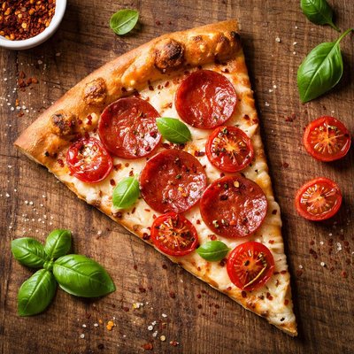 Pizza slice with pepperoni and tomatoes