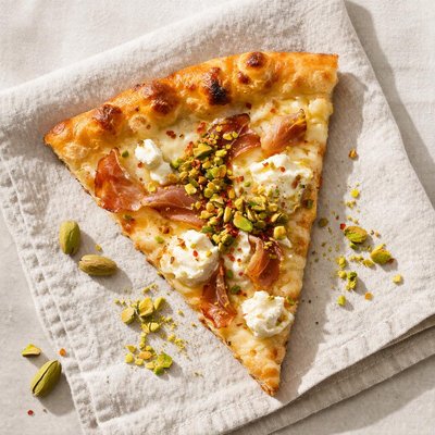 Pizza slice with pistachios