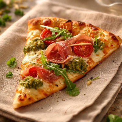 Pizza slice with prosciutto and pesto