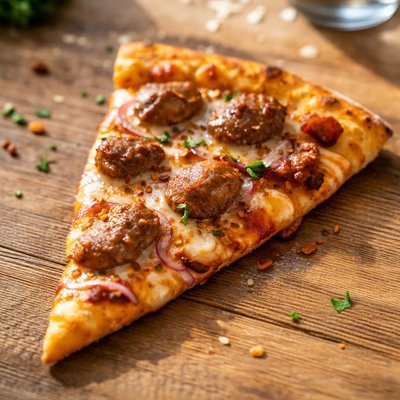 Pizza slice with sausage and cheese