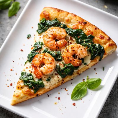 Pizza slice with spinach and shrimp