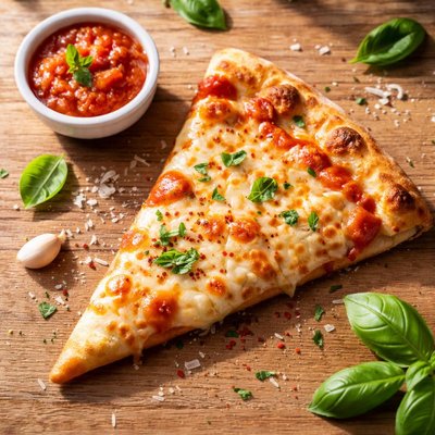Pizza slice with tomato sauce and cheese