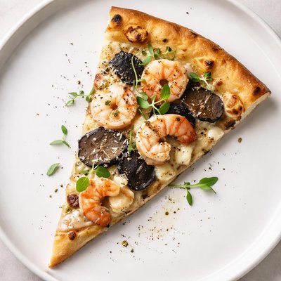 Fettina di pizza con tartufo e gamberetti