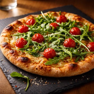Pizza with arugula and cherry tomatoes