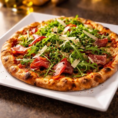 Pizza with arugula and meat