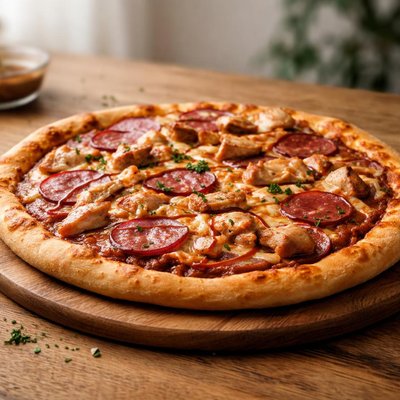 Pizza with barbecue sauce and chicken salami