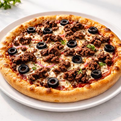 Pizza with beef and black olives