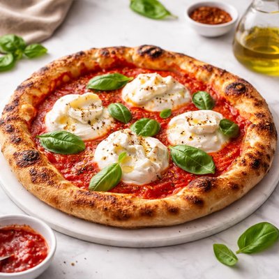 Pizza with burrata and marinara sauce