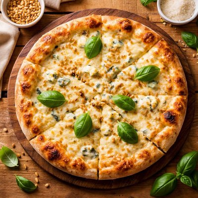 Pizza with cheese and pine nuts