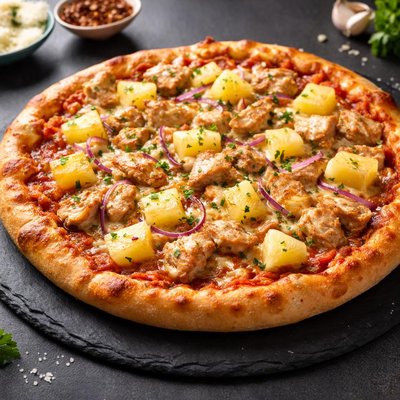 Pizza with chicken and pineapple