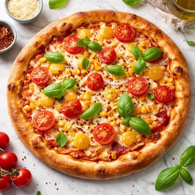 Pizza with corn and tomatoes