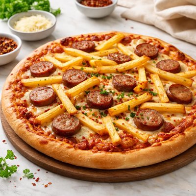 Pizza with fries and sausage