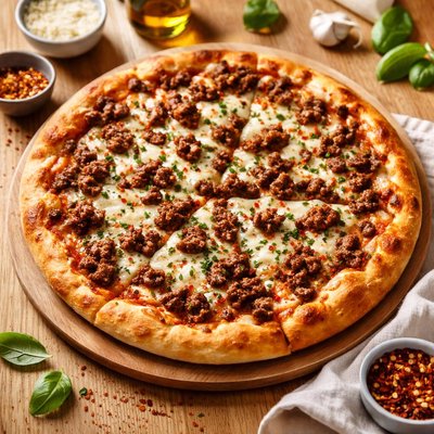 Pizza with ground meat and cheese