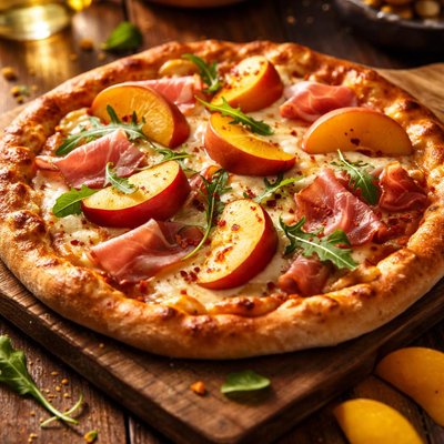 Pizza with ham and peach slices