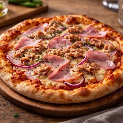 Pizza with ham and tuna