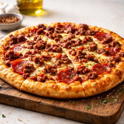 Pizza with meat and cheese