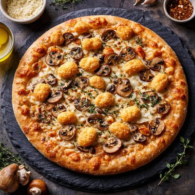 Pizza with mushrooms and cheese puffs