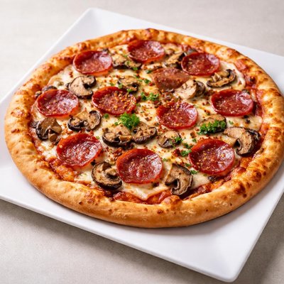 Pizza with mushrooms and salami
