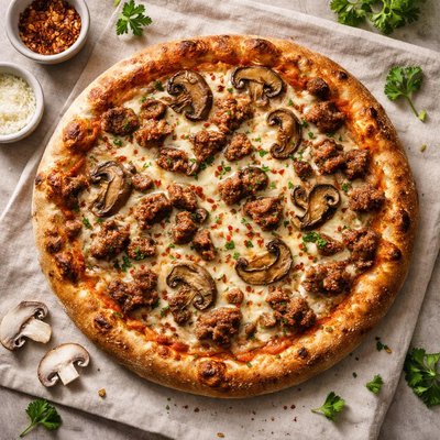Pizza with mushrooms and sausage